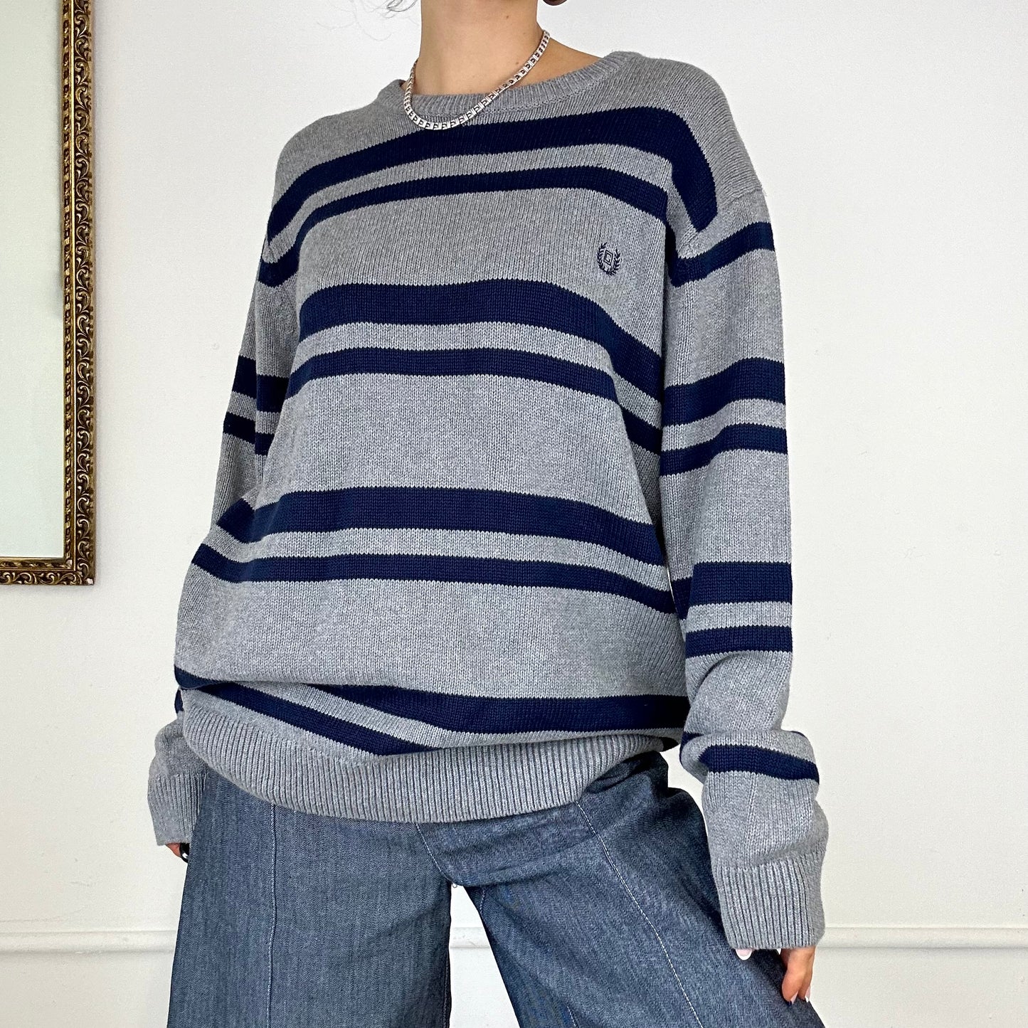 cjaps grey and navy striped knitted jumper