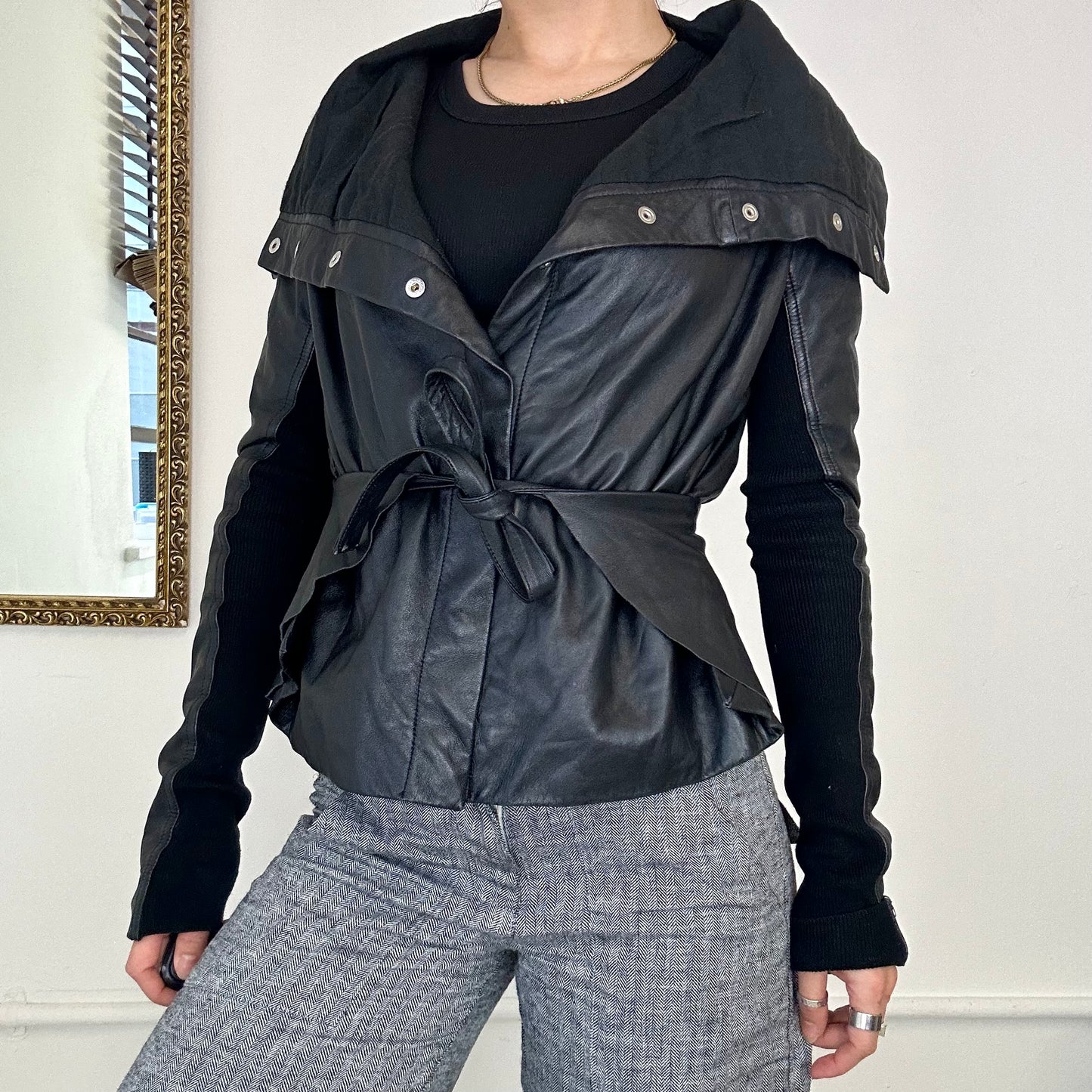 vintage black asymmetric leather jacket