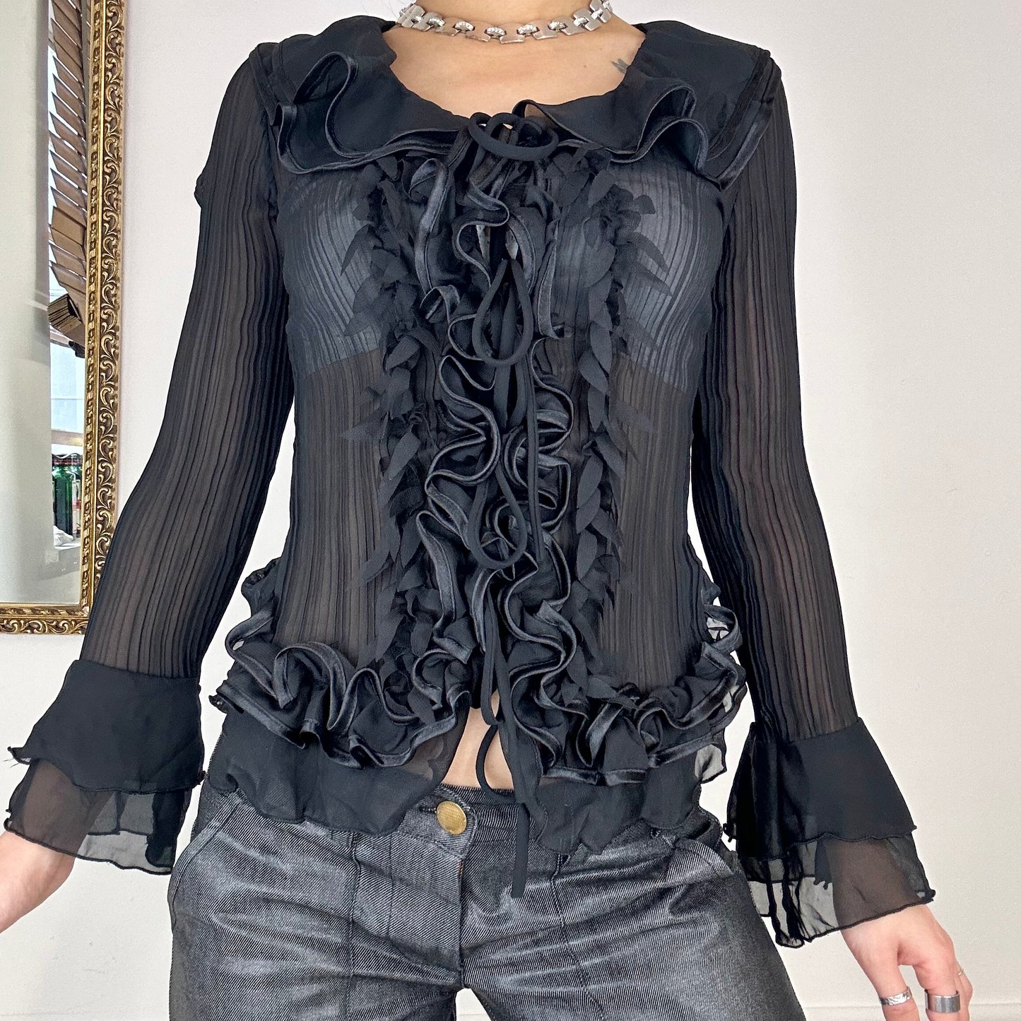 90's black sheer frilly blouse