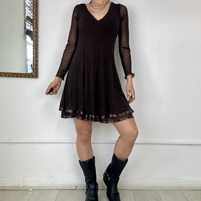 vintage brown mesh long sleeve dress