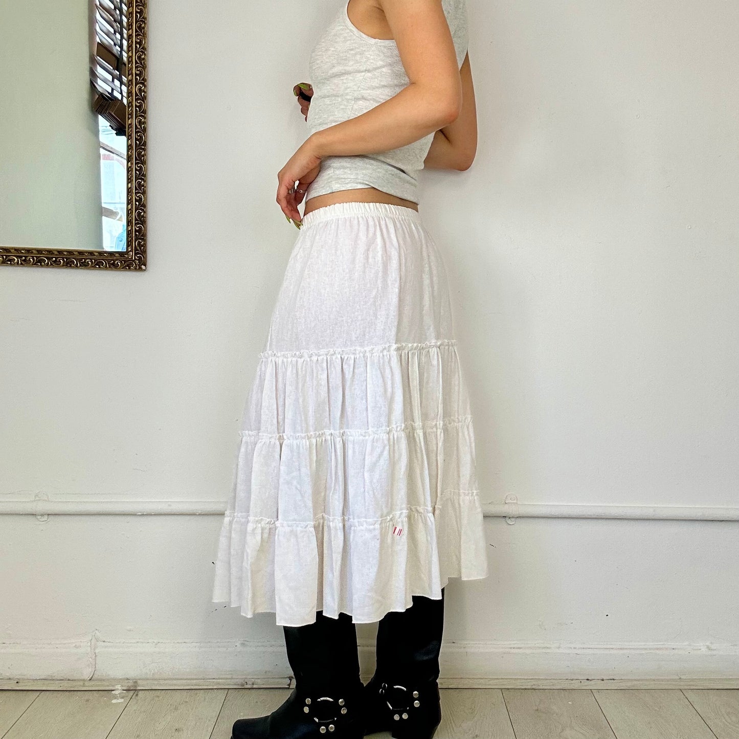 vintage white tiered midi linen skirt