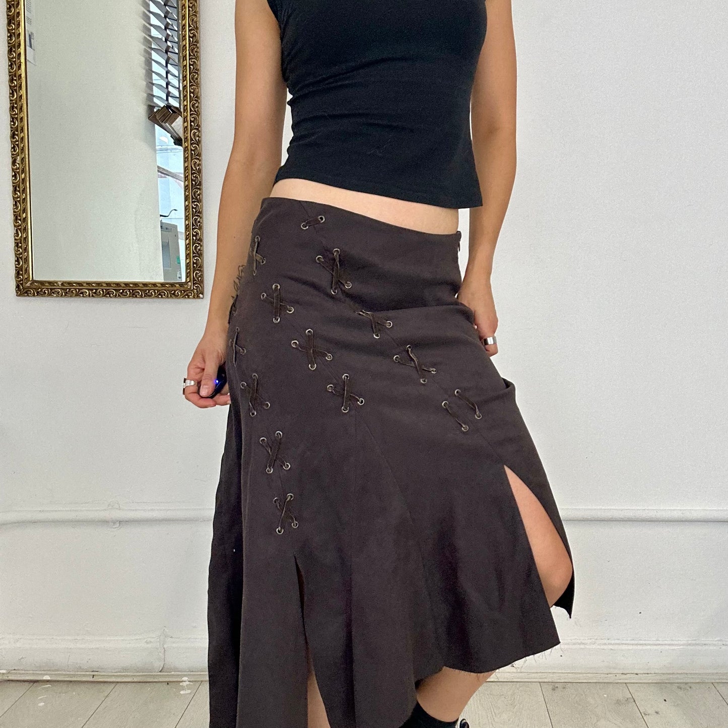 brown suede asymmetric midi skirt