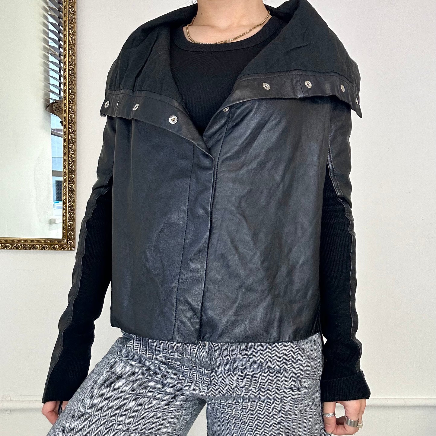 vintage black asymmetric leather jacket