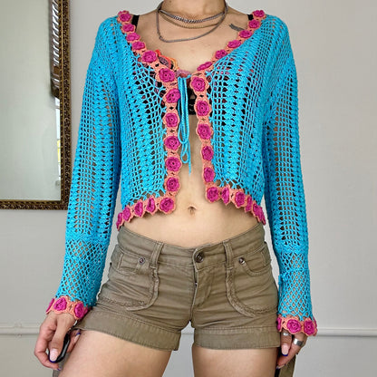 2000's blue crochet cardigan