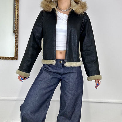 leather cropped faux fur detail jacket