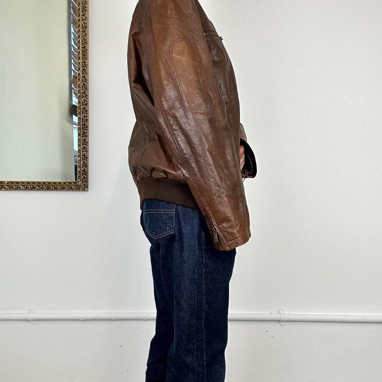 vintage brown leather bomber jacket