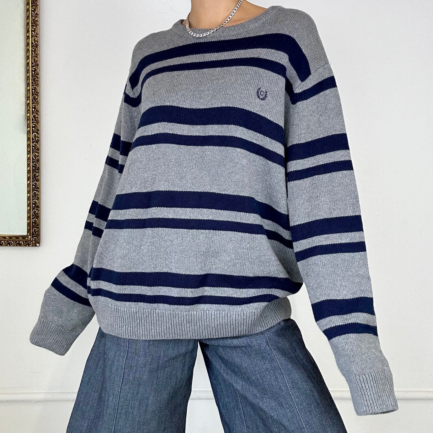 cjaps grey and navy striped knitted jumper