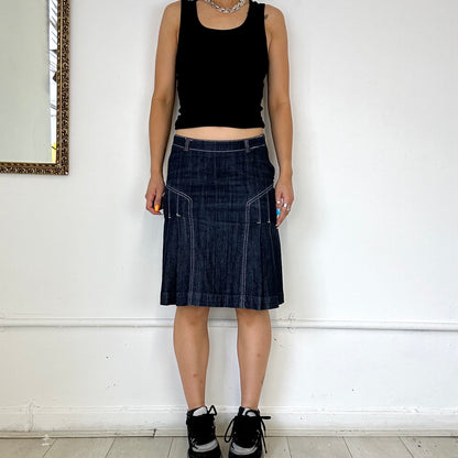 dark denim pleated midi skirt