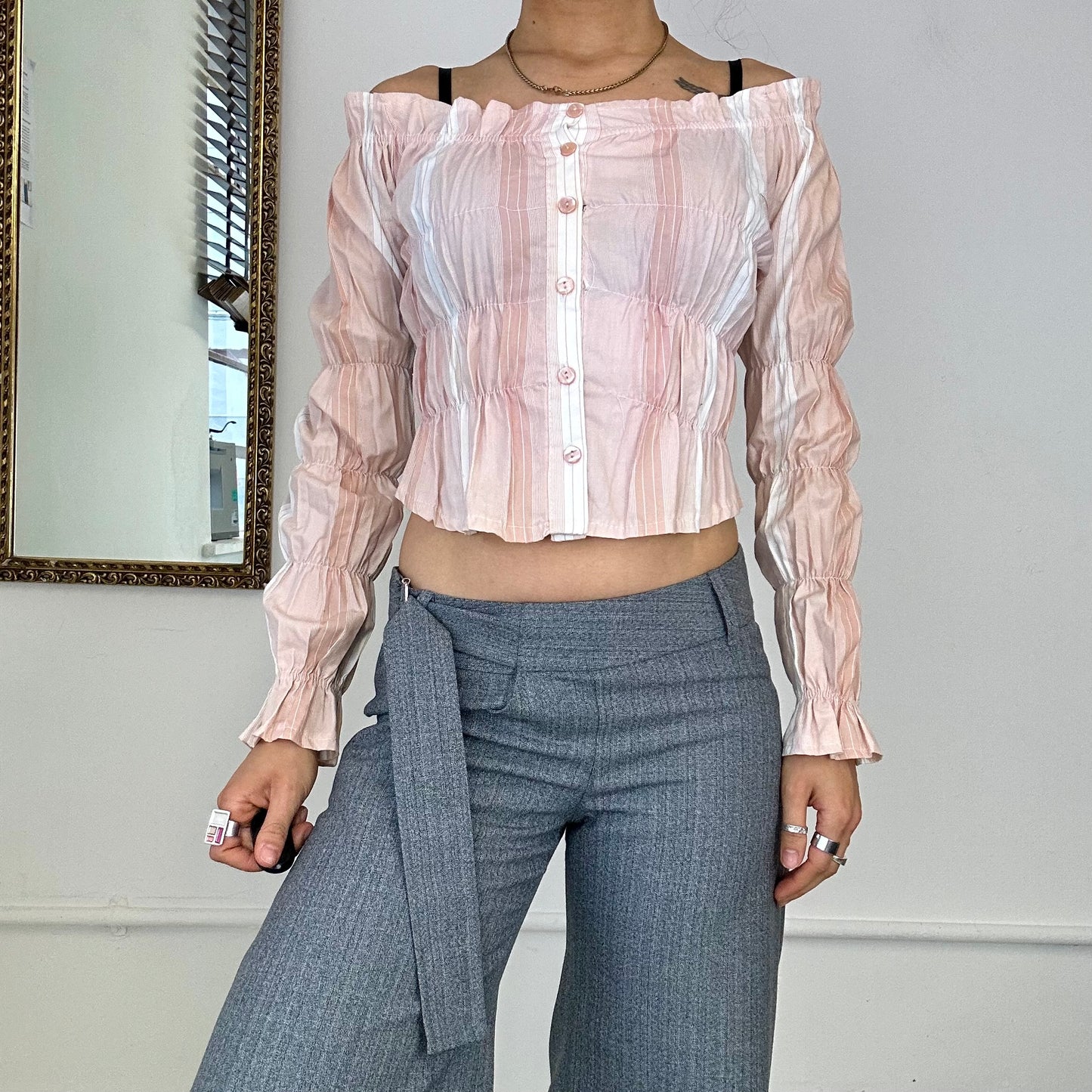 pink striped ruched off shoulder blouse