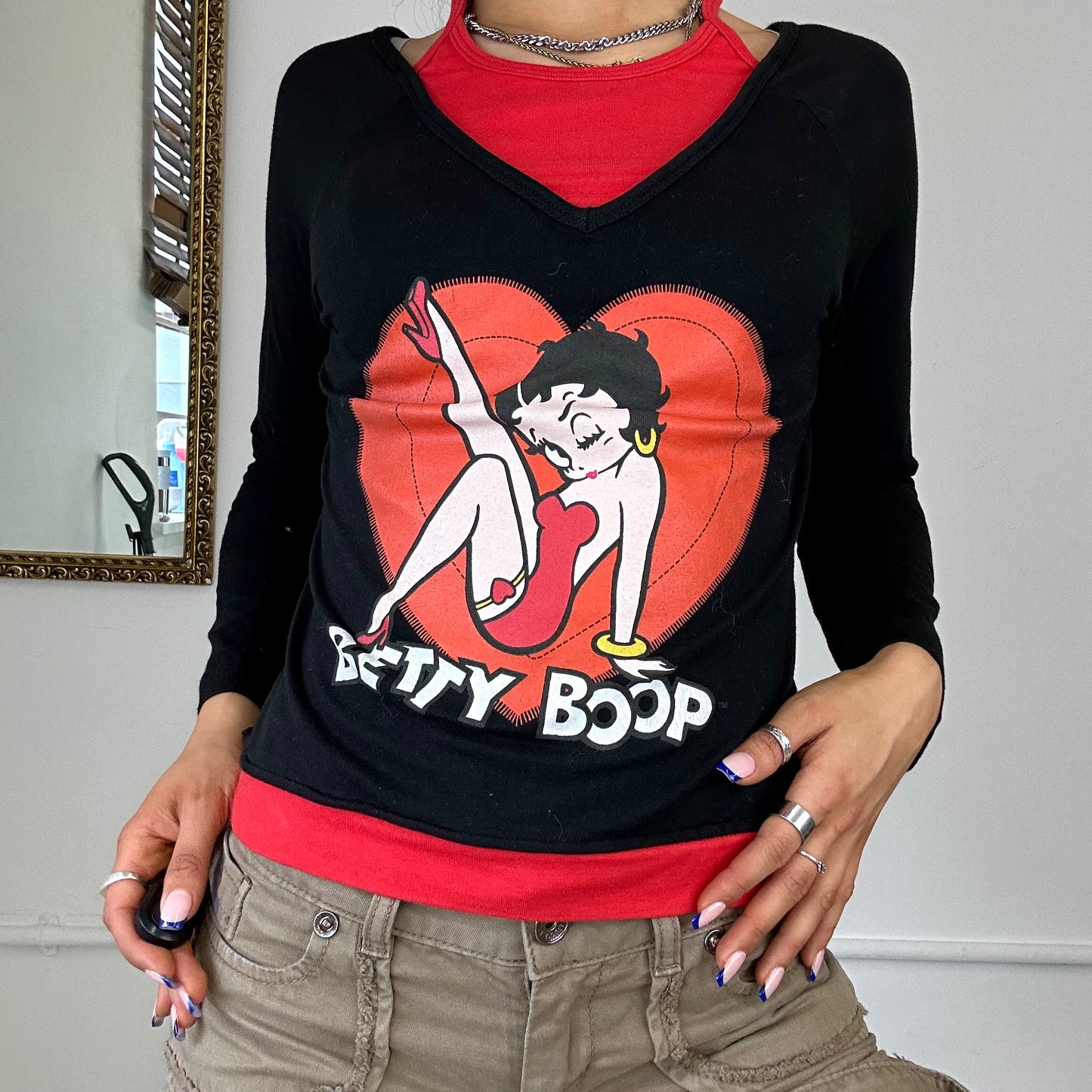 red betty boop long sleeve layered  top