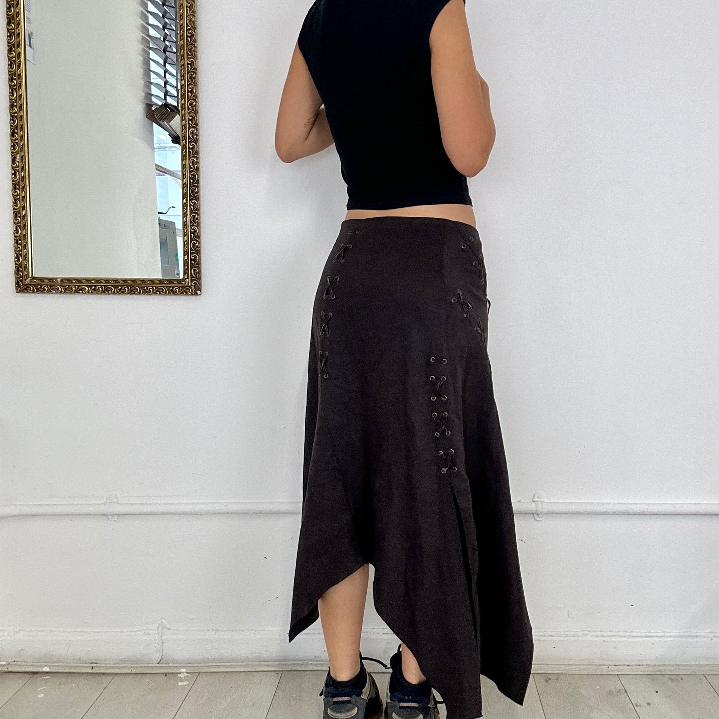 brown suede asymmetric midi skirt