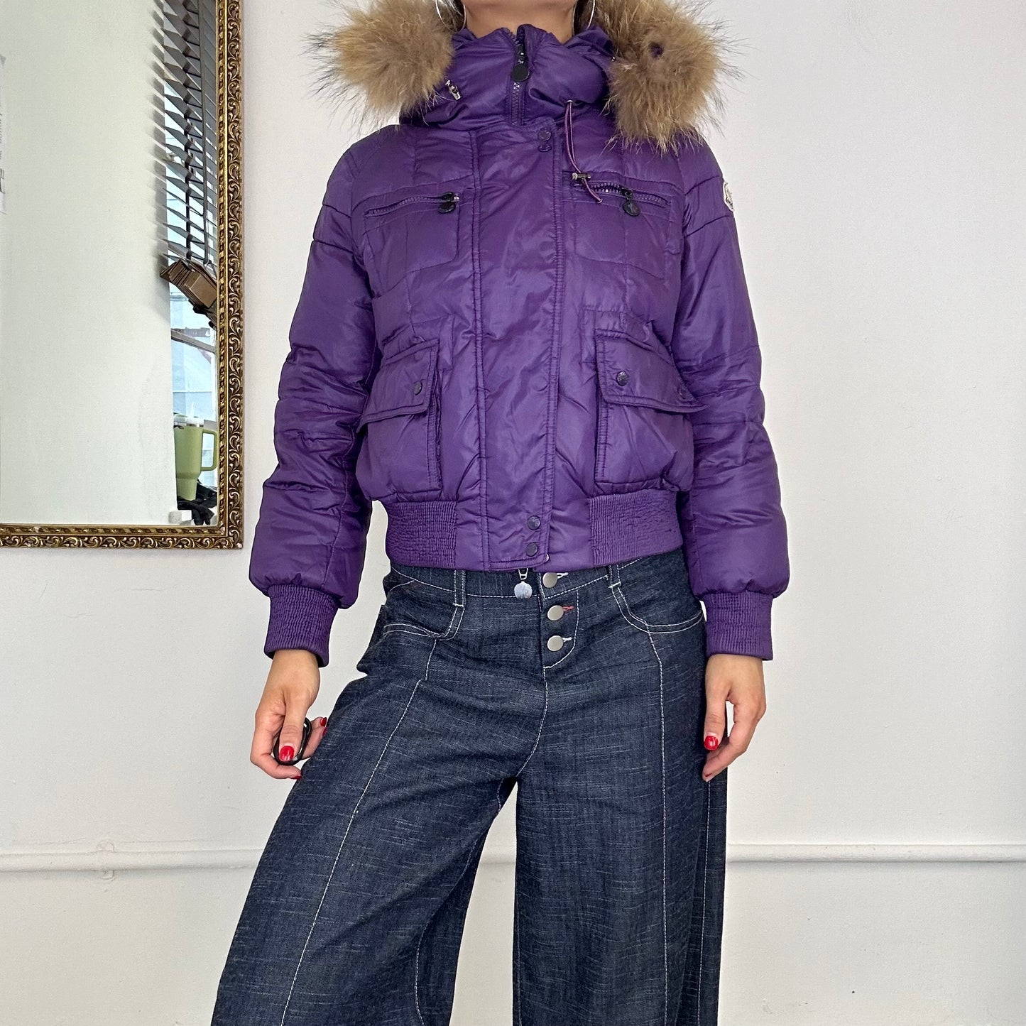 vintage moncler purple zip up hooded puffer coat