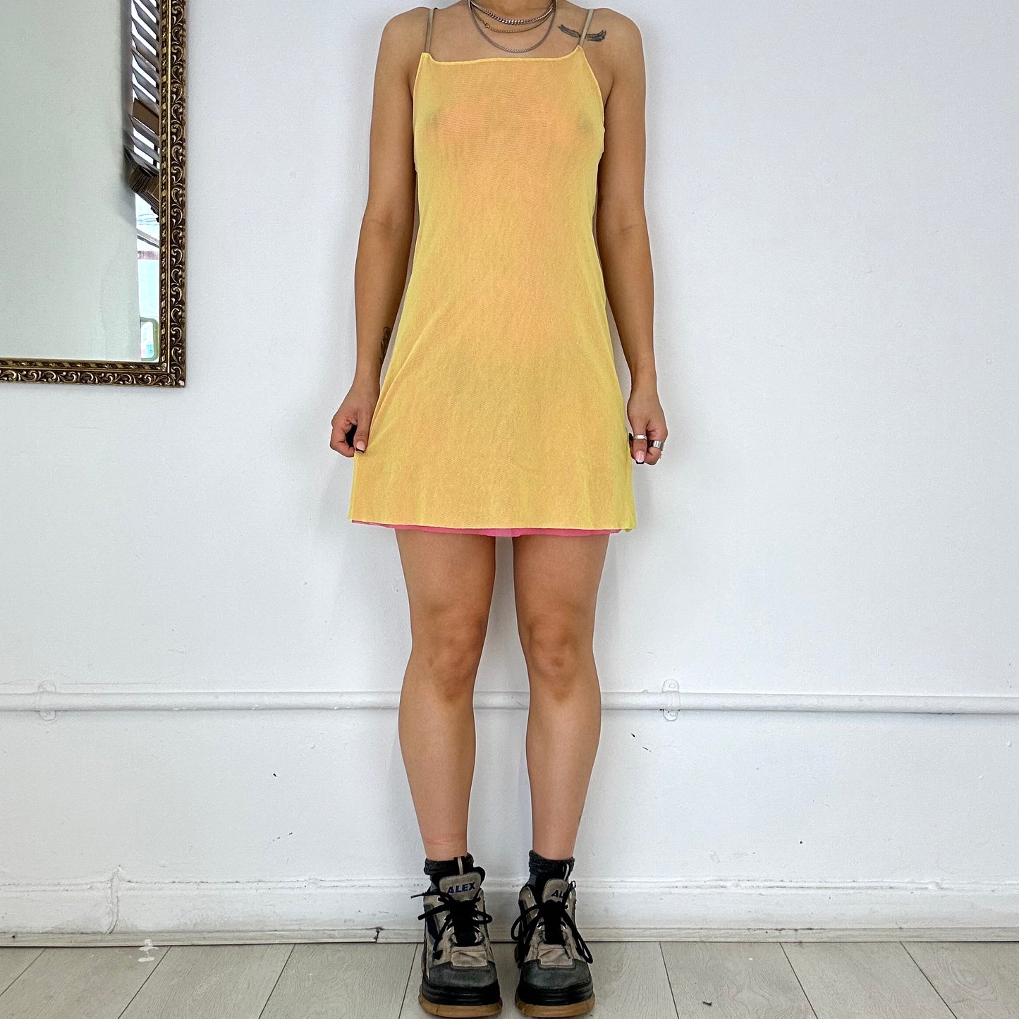 2000s yellow and pink layered mesh mini dress