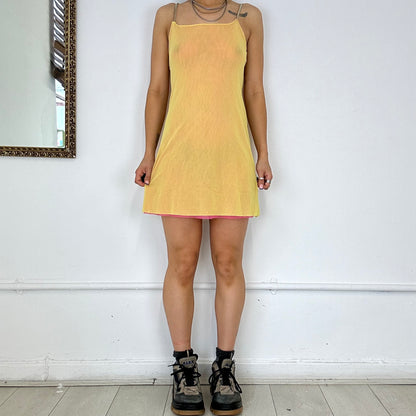 2000s yellow and pink layered mesh mini dress