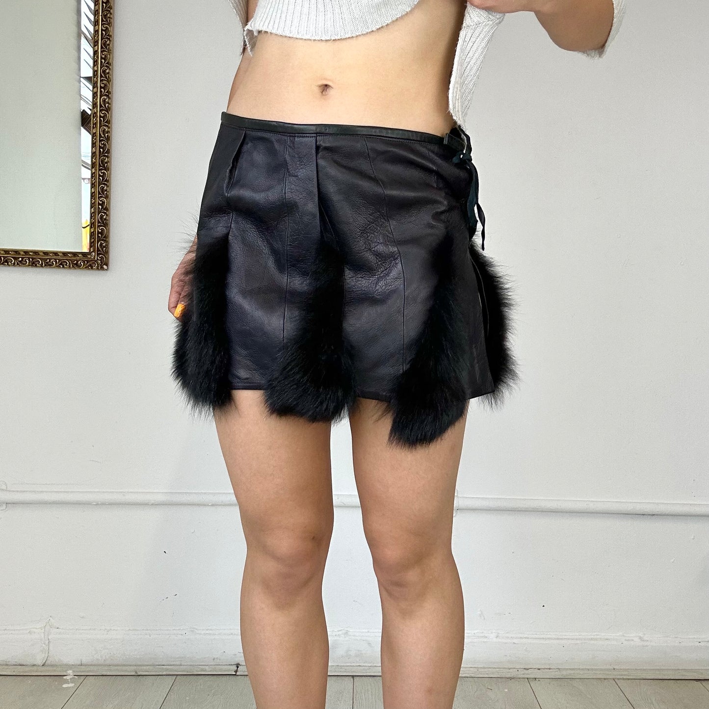 vintage black leather and fur mini skirt