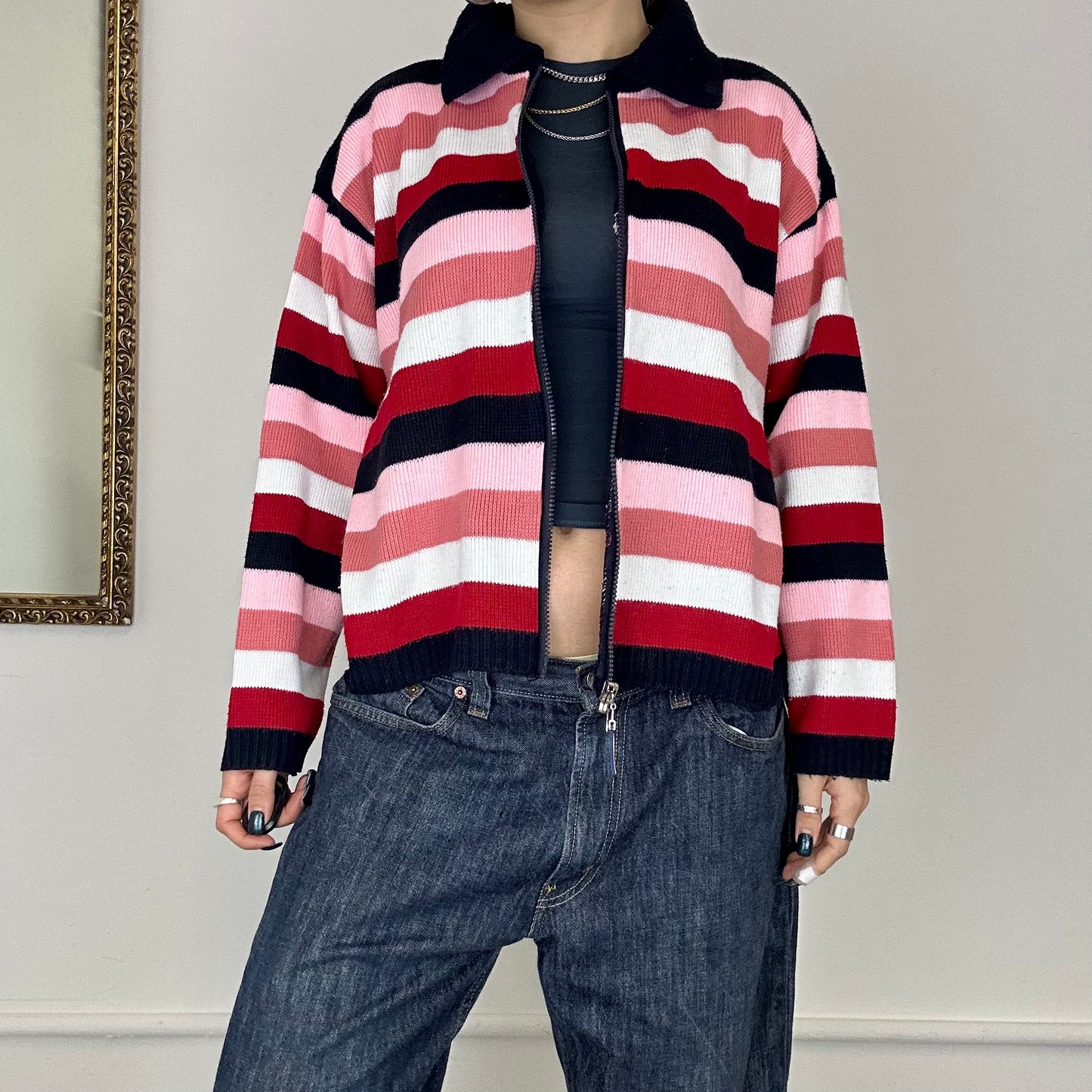 tommy hilfiger striped zip up jumper