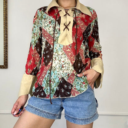 2000's patterned lace up shirt