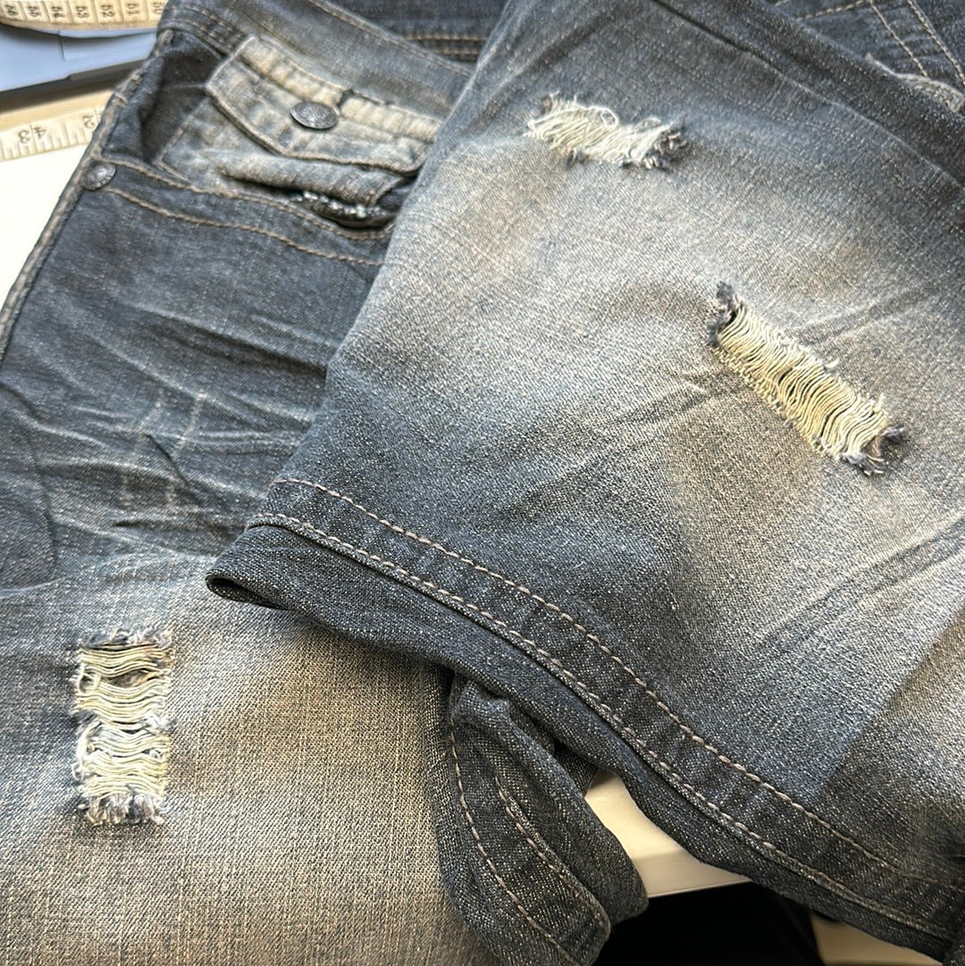 dark wash distressed jeans by xtreme couture