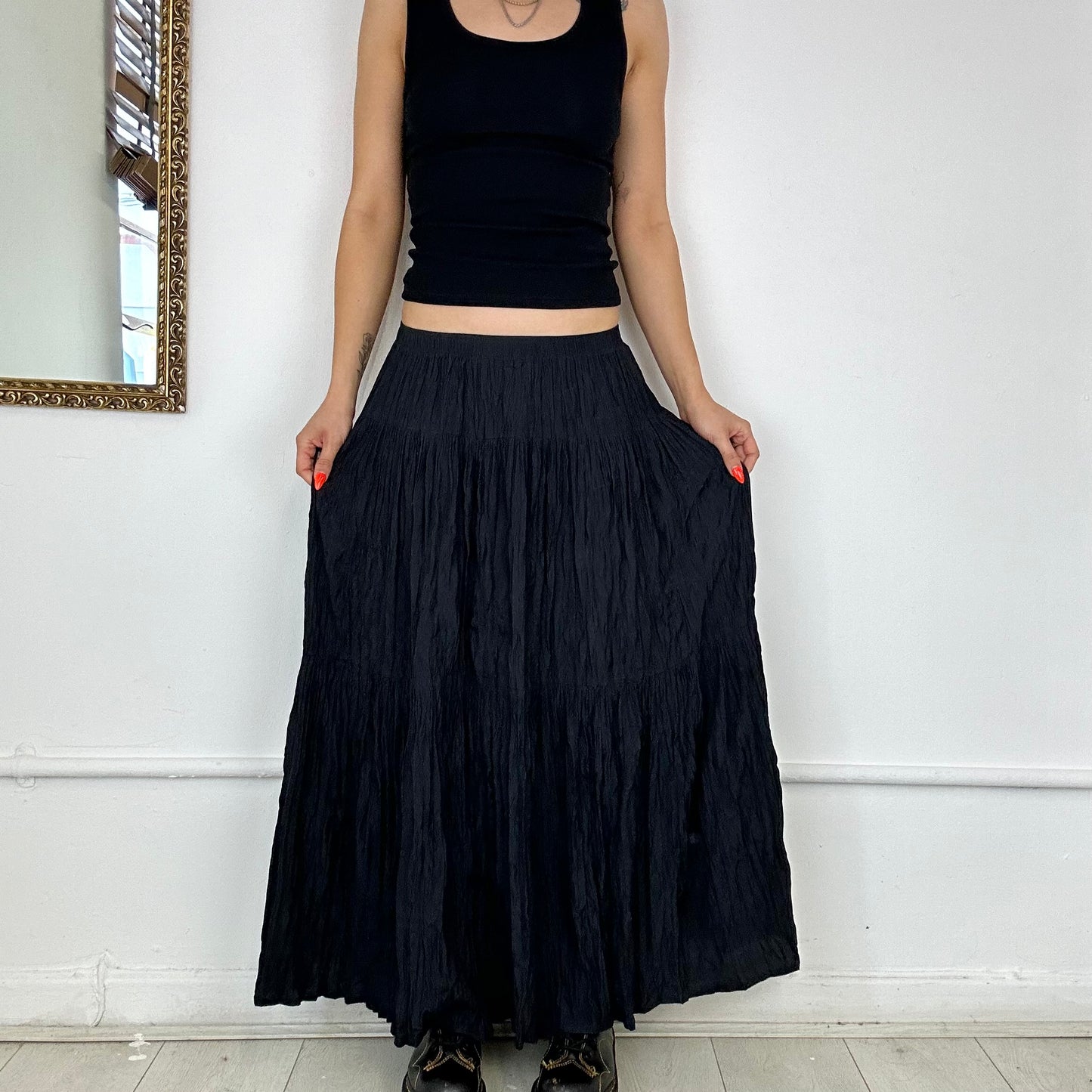 black pleated maxi skirt