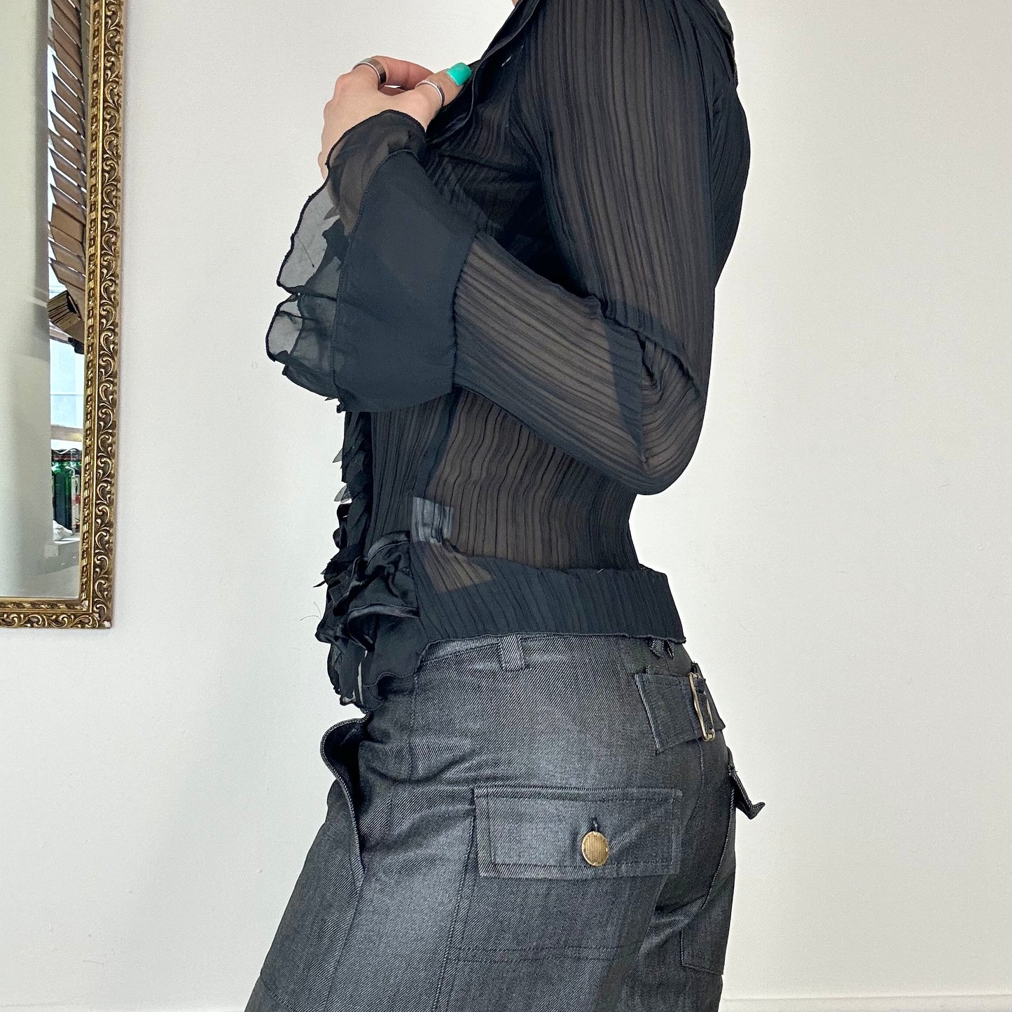 90's black sheer frilly blouse