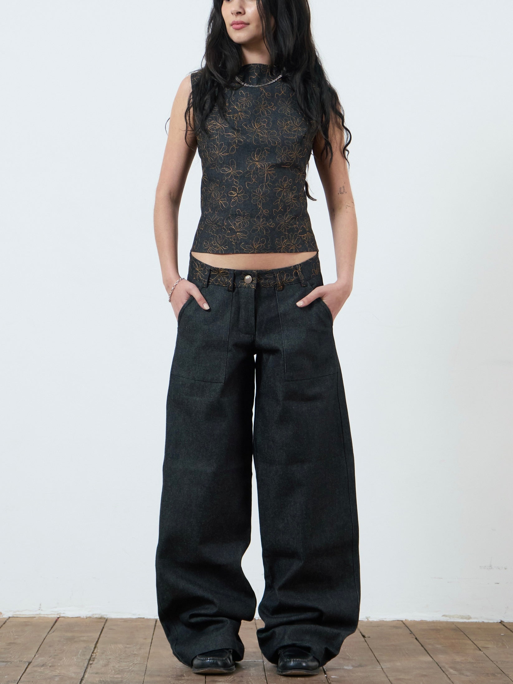 slouch jean - embroidered charcoal denim