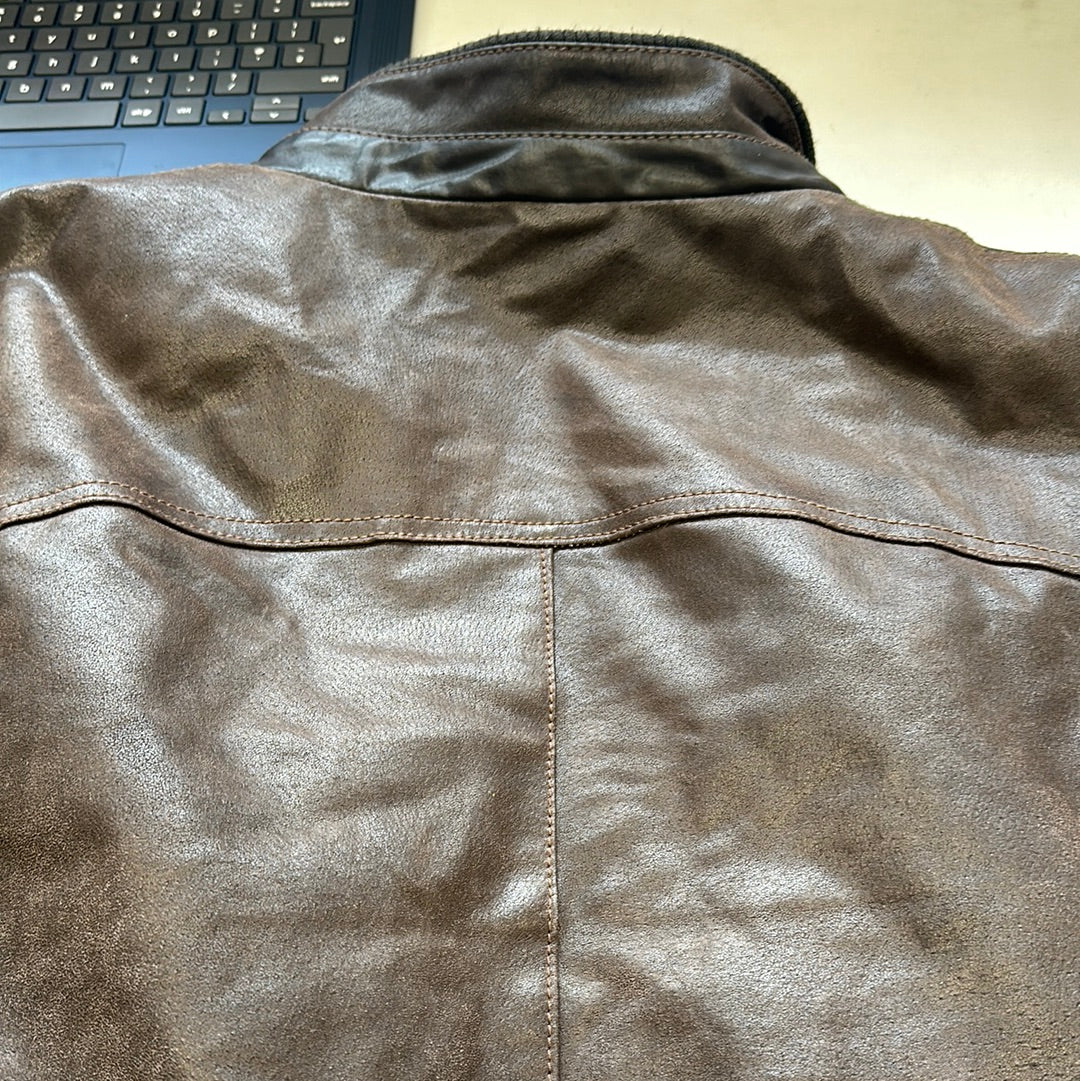 brown oversized leather bomber jacket