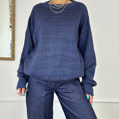 vintage navy checked knit jumper