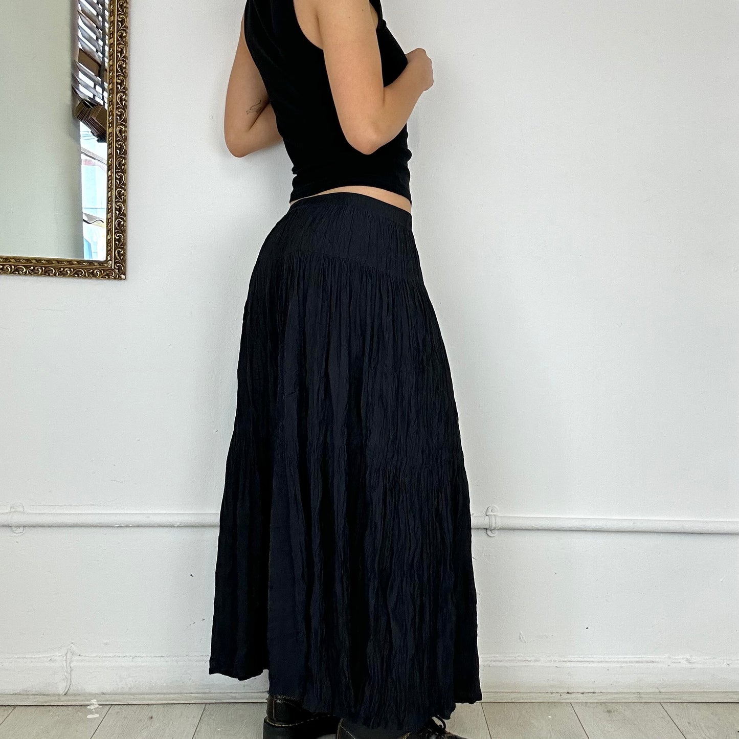 black pleated maxi skirt