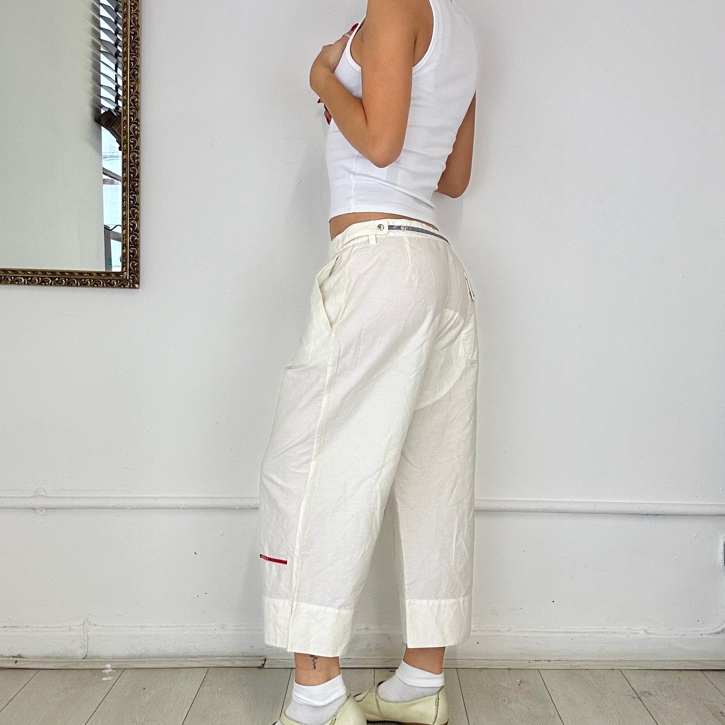 vintage prada capri white cargo trousers