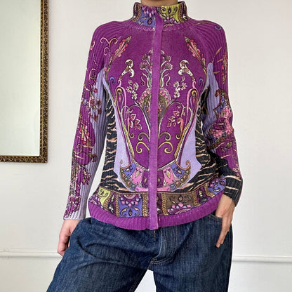 purple floral patterned zip up knitted jumper