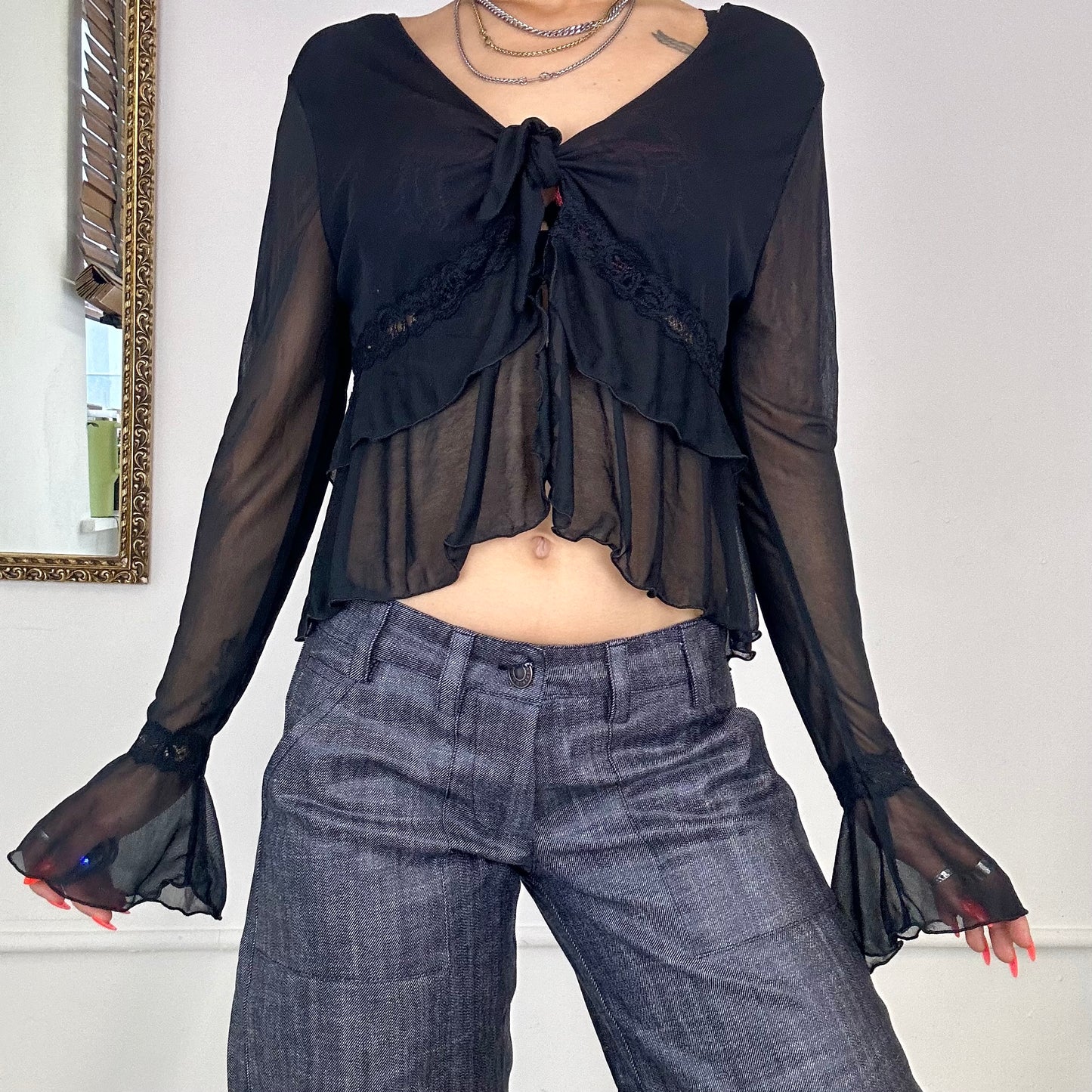 2000's french mesh tie blouse