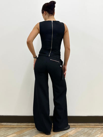 the roman trouser in black pinstripe