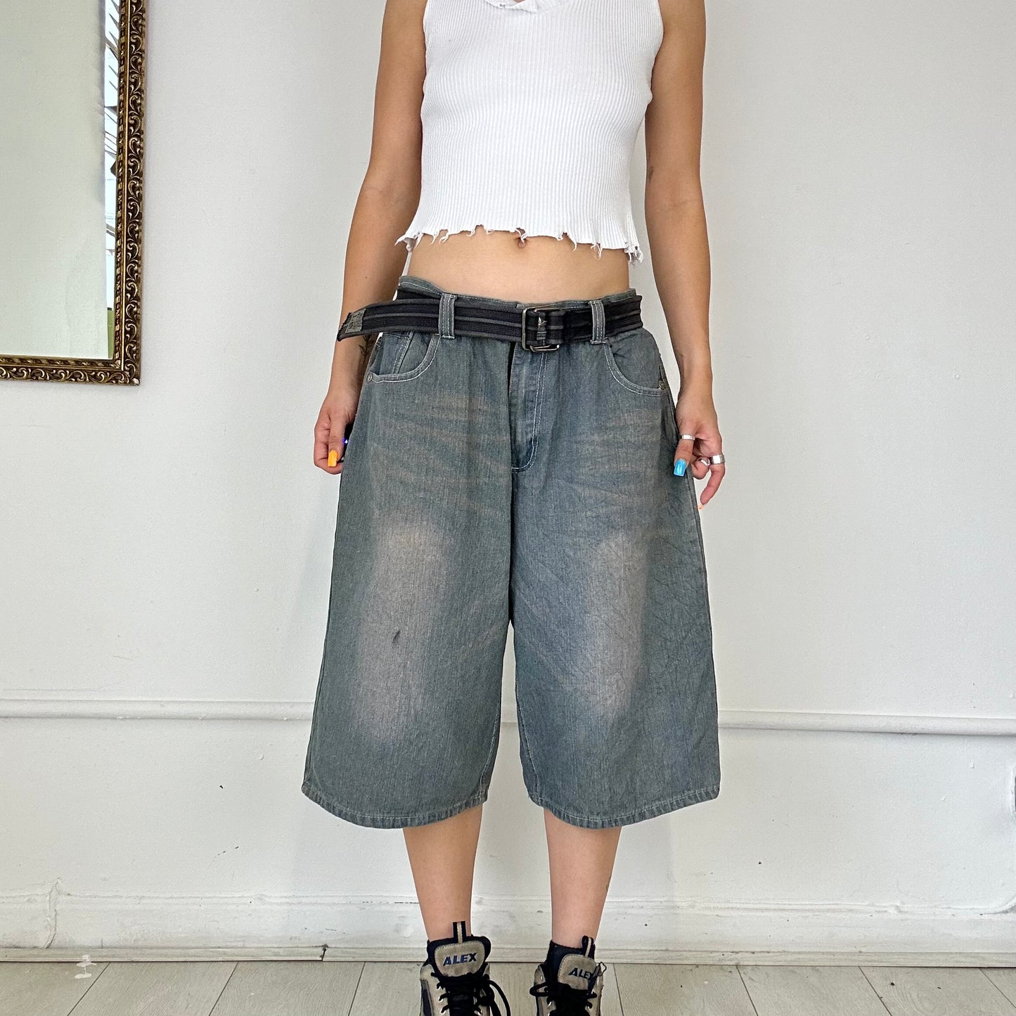 2000's long washed grey denim shorts