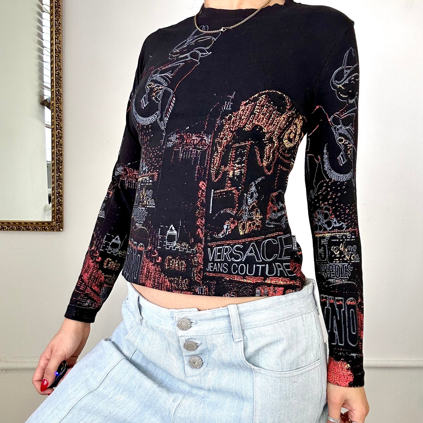 versace jeans couture pattern black long sleeve top