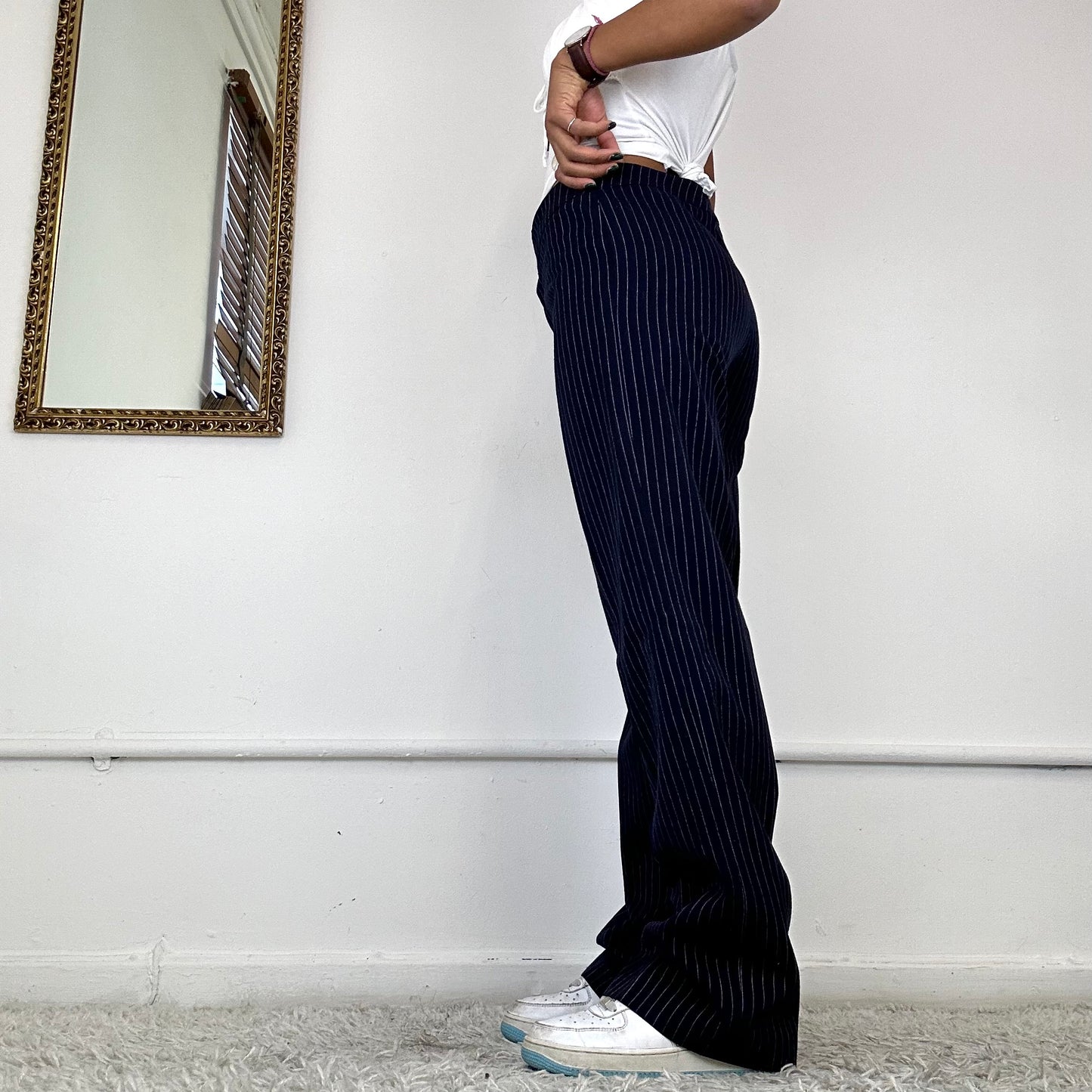 wide leg pinstripe trousers