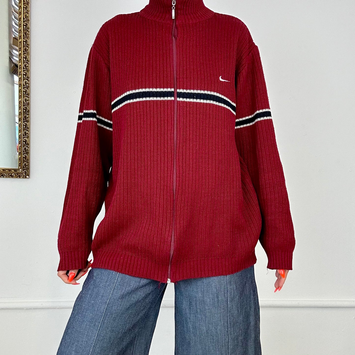 red vintage nike zip up knit jumper