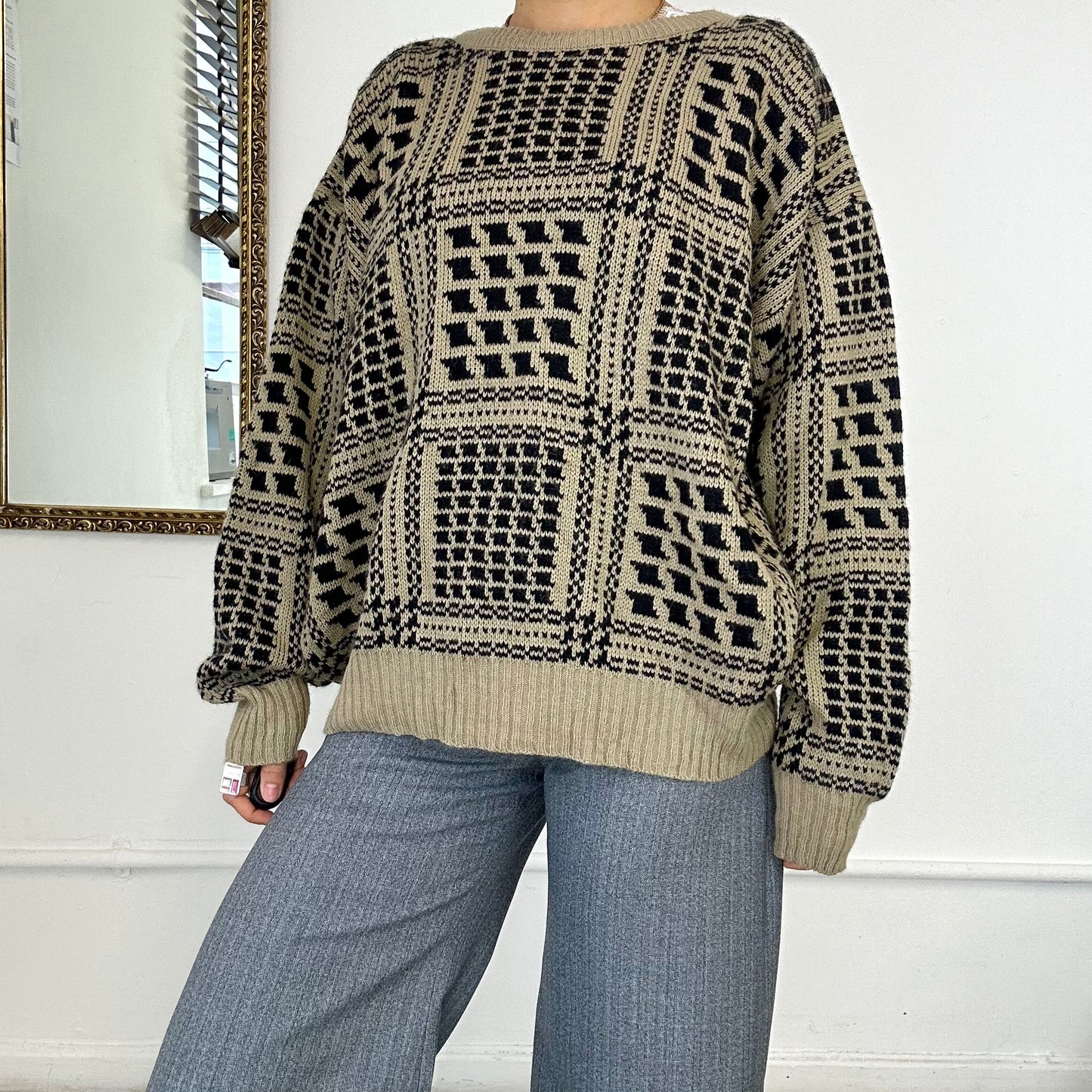 brown lambs wool patterned knitted jumper