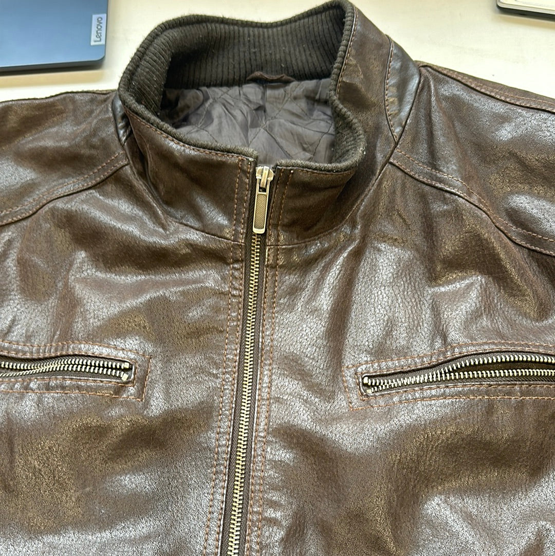 brown oversized leather bomber jacket