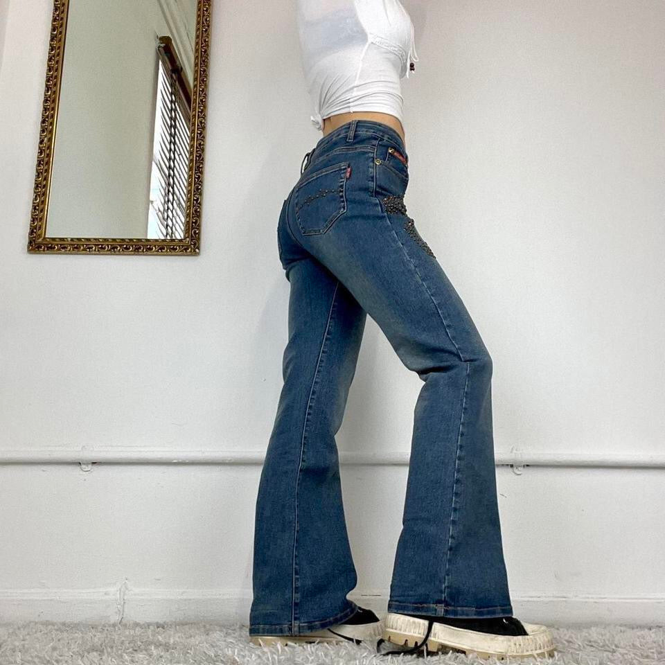 00’s dark wash beaded flared jeans