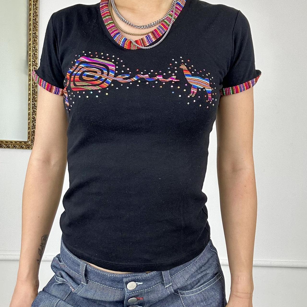 vintage llama black top with colourful detailing