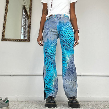 blue print flared leg jeans