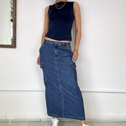 denim cargo maxi skirt