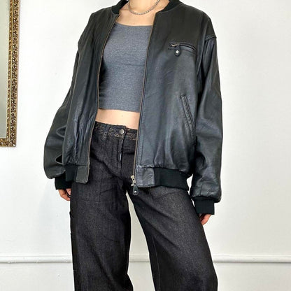 vintage black leather bomber jacket