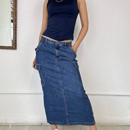 denim cargo maxi skirt