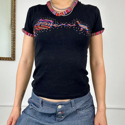 vintage llama black top with colourful detailing