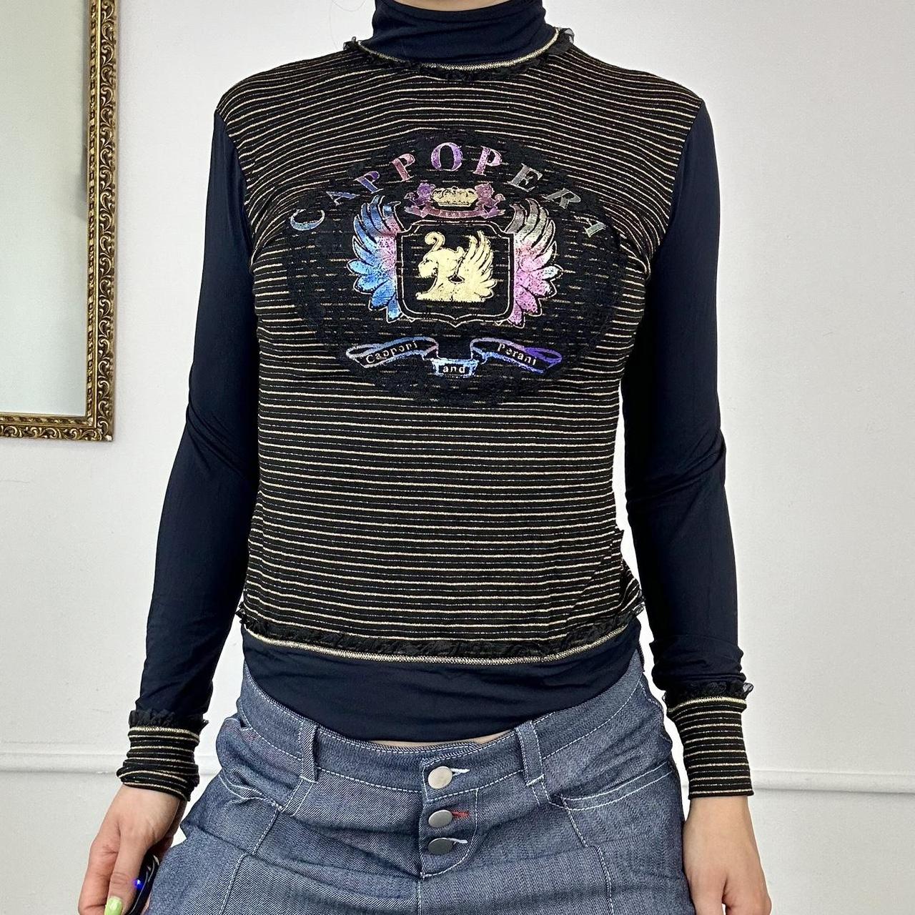 black and gold long sleeved mesh turtleneck print top