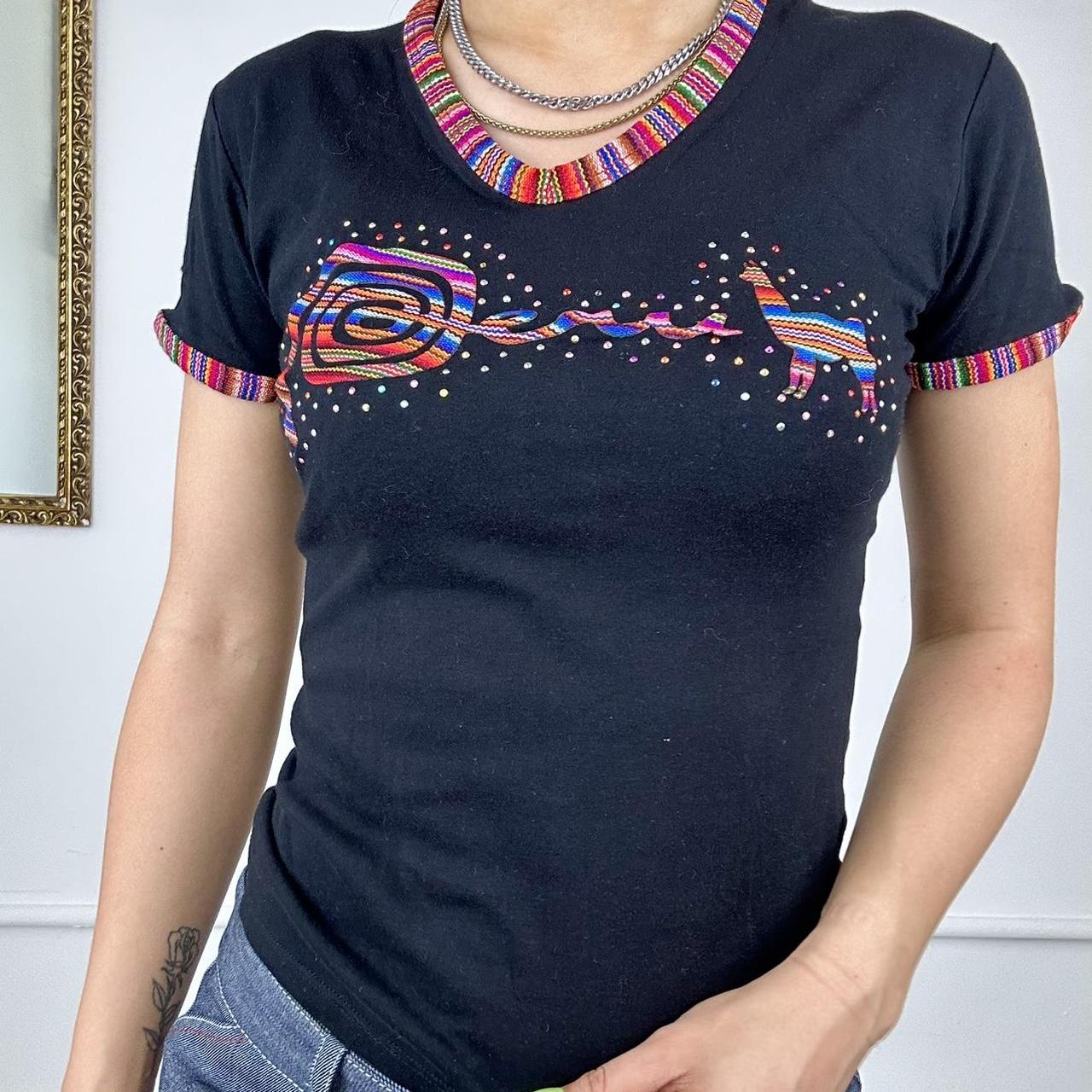 vintage llama black top with colourful detailing