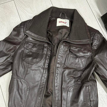 brown leather bomber jacket by only