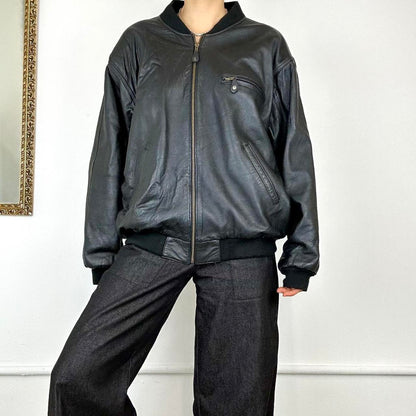 vintage black leather bomber jacket