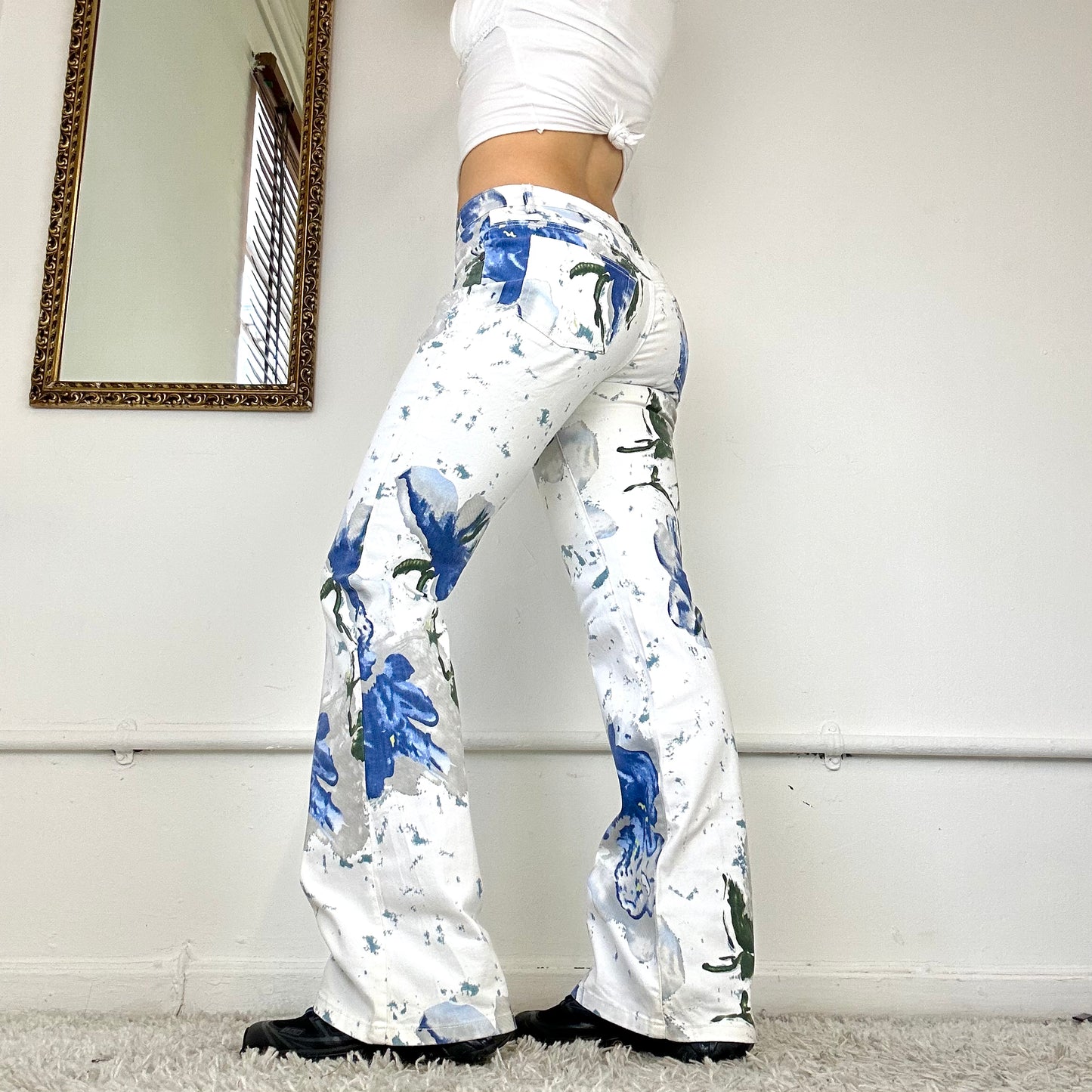 flared graphic print trousers